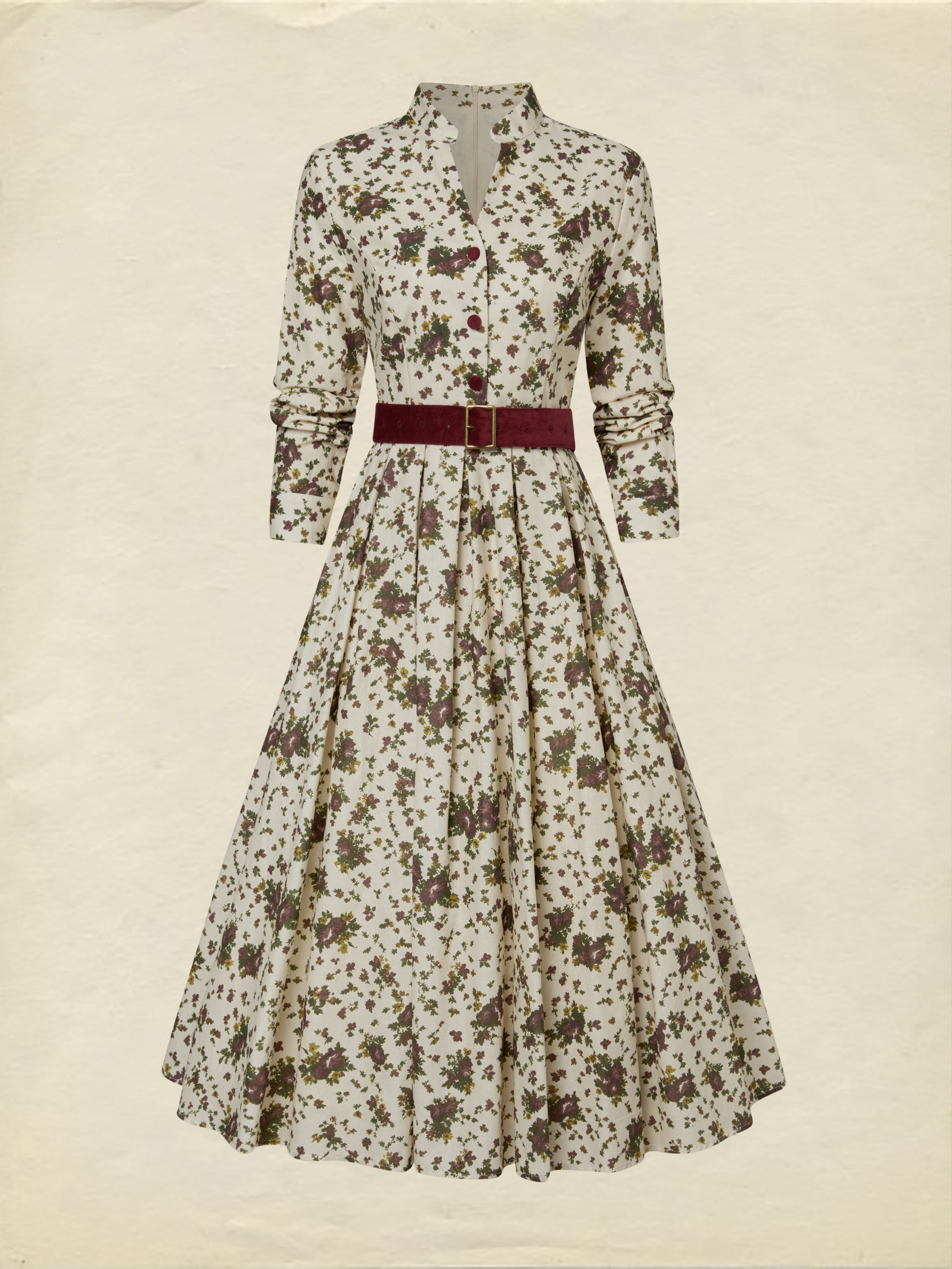 Midi Linen Dress, Long Sleeves, Shawl Collar, Floral, Belt Design, Vintage, Apricot - Image 4