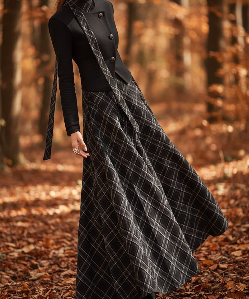 Maxi Linen Dress, Sleeveless, Stand Collar, Plaid, Vintage, Black