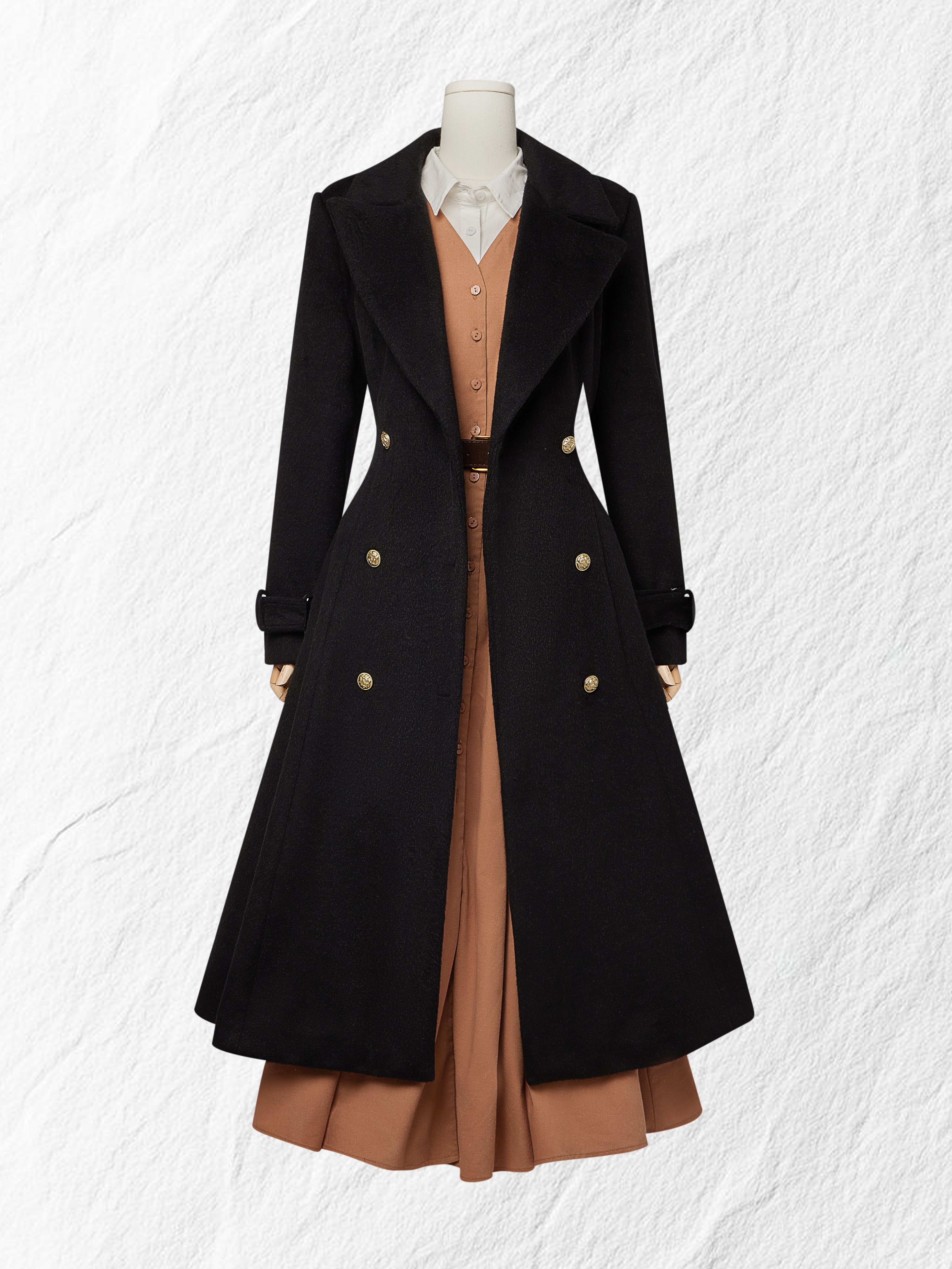 Wool Trench Coat, Long Sleeves, Lapel Collar, Plain, Button Design, Vintage, Black - Image 7