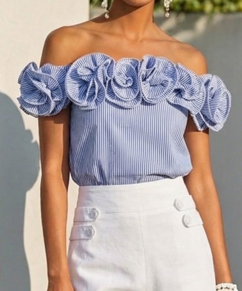 Linen Blouse, Sleeveless, Striped, 3D Floral, French Vintage, Blue