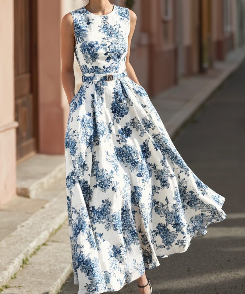 Maxi Linen Dress , Sleeveless, Round Neck, Floral, Belt Design, Vacation, Vintage, Blue