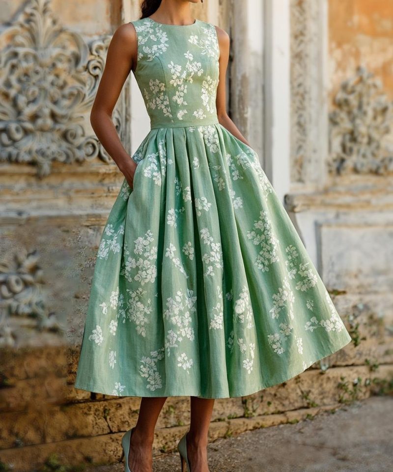 (SIZE:XS-XXL) Midi Linen Dress, Sleeveless, Linen Blend, Floral, Renaissance, Aqua