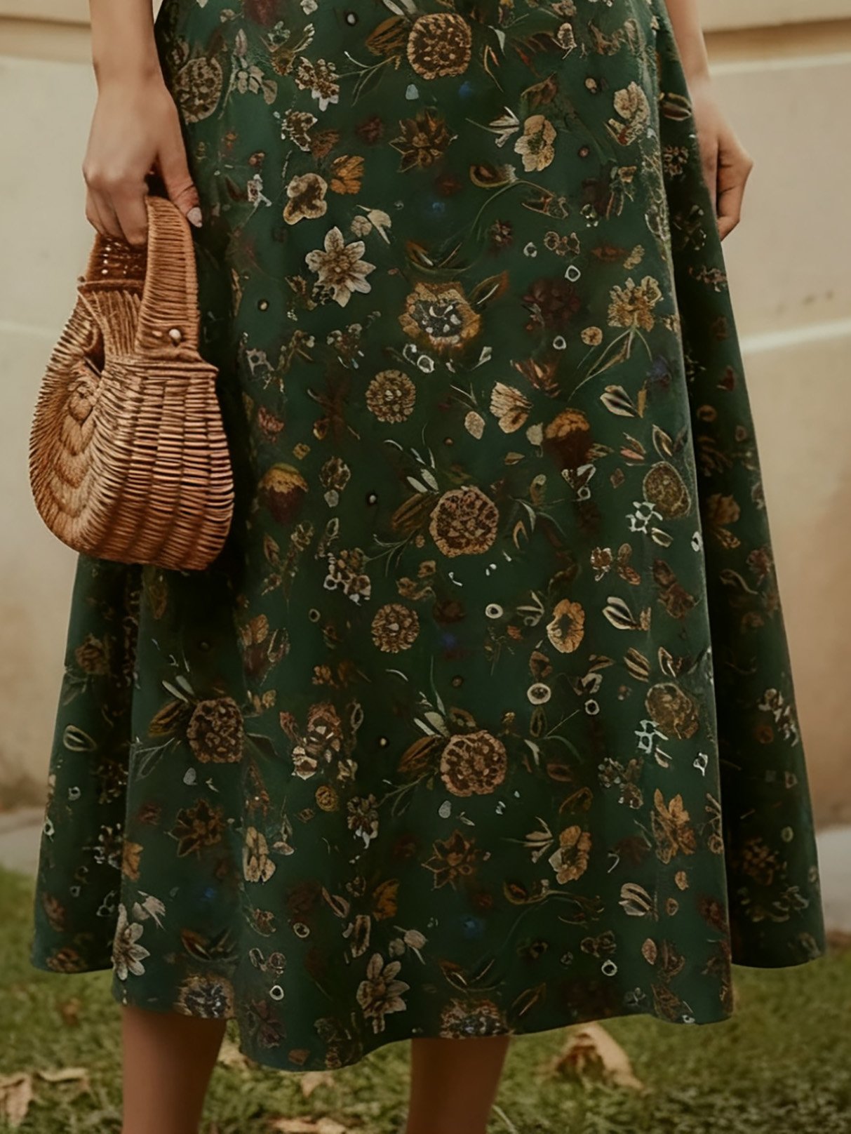 Midi Linen Skirt, loral, Pocket Design, Vintage, Green - Image 3