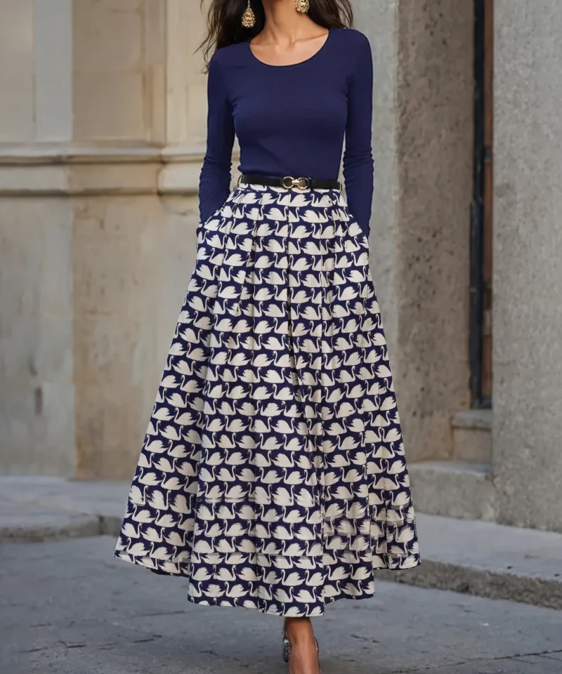 Maxi Cotton Skirt, Animal, Swan Print, Pocket Design, Vintage, Purplish Blue