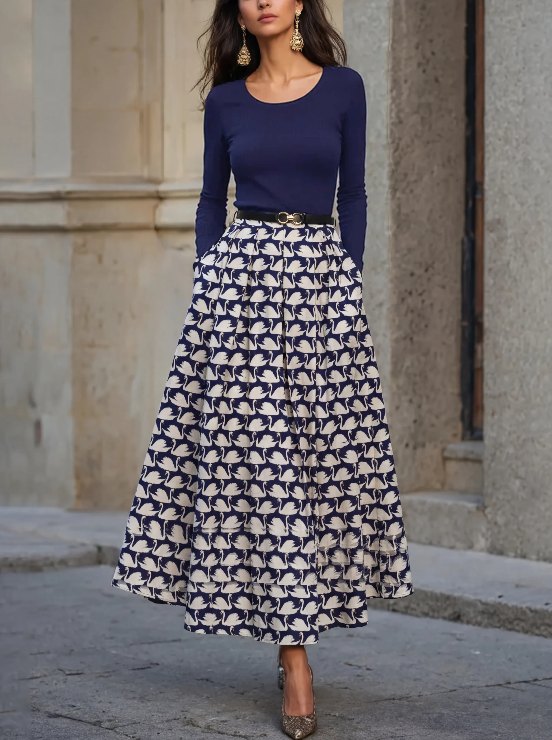 Maxi Cotton Skirt, Animal, Swan Print, Pocket Design, Vintage, Purplish Blue