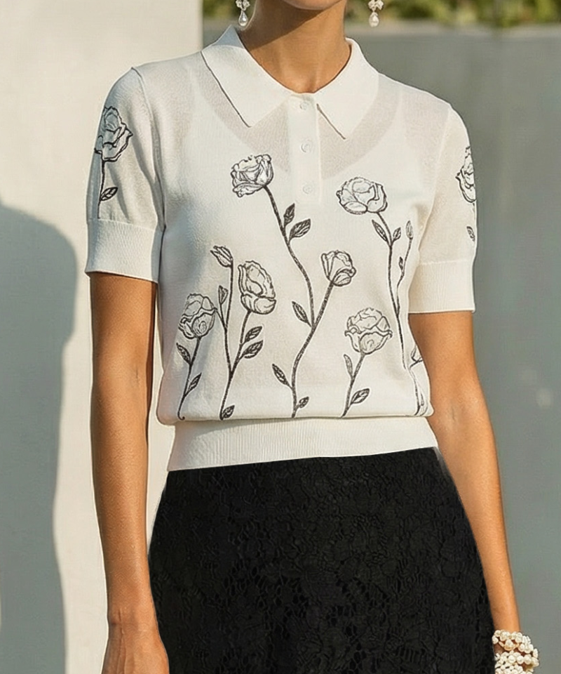 Sweater, Short Sleeves, Shawl Collar, Floral, Button Design, Inner Vest Not Included, White