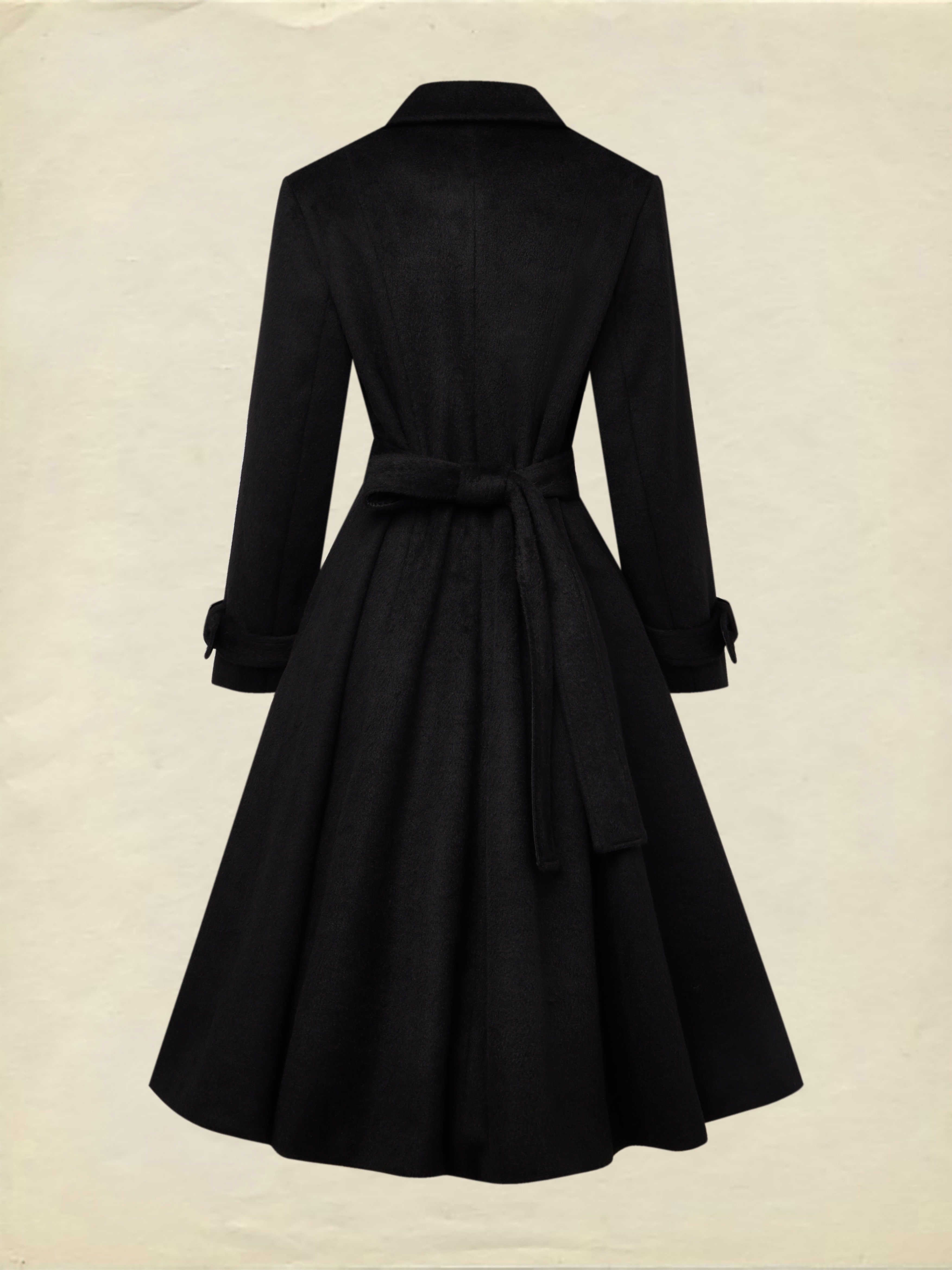 Wool Trench Coat, Long Sleeves, Lapel Collar, Plain, Button Design, Vintage, Black - Image 3