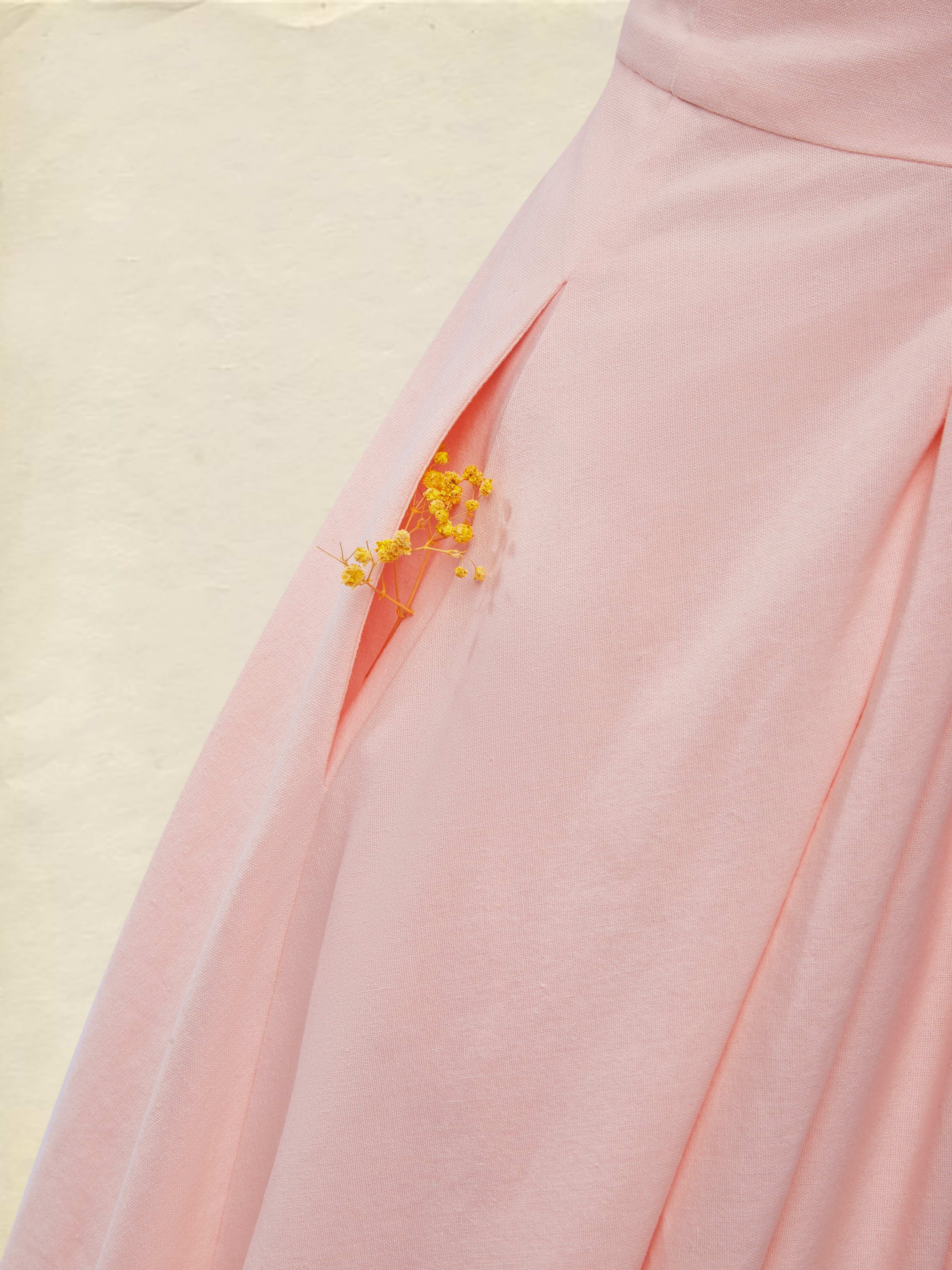 Linen Midi Dress, Three Quarter Sleeve, V neck, Plain, Vintage, Pink - Image 5