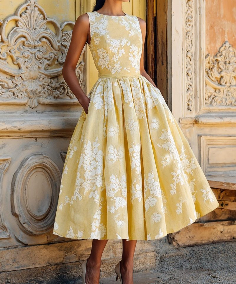 (SIZE:XS-XXL) Midi Linen Dress, Sleeveless, Linen Blend, Floral, Renaissance