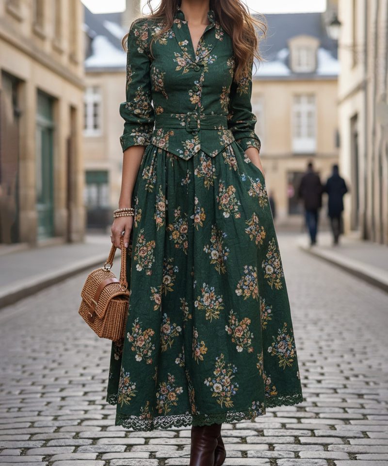 Maxi Linen Skirt, Floral, Pocket Design, Vintage, Green