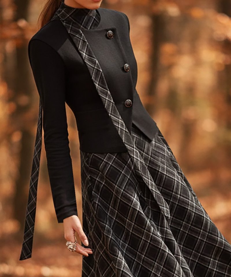 Wool Jacket, Long Sleeves, Round Neck, Plain, Button Design, Vintage, Black