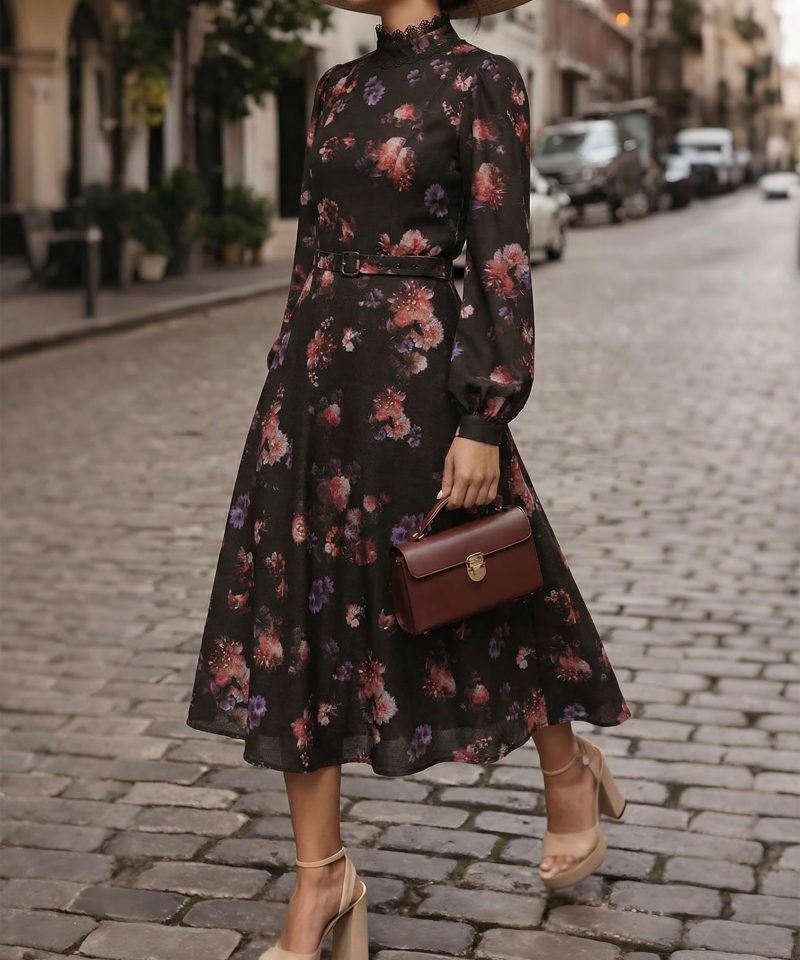 Maxi Cotton Skirt, Floral, Belt Design, Vintage, Black