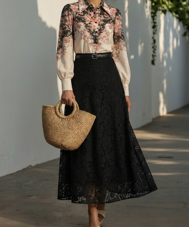 Maxi  Skirt, Floral, Lace, Vacation, Vintage, Black