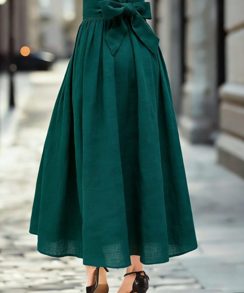 Maxi Linen Skirt, Plain, Bow, Vintage, Cyan
