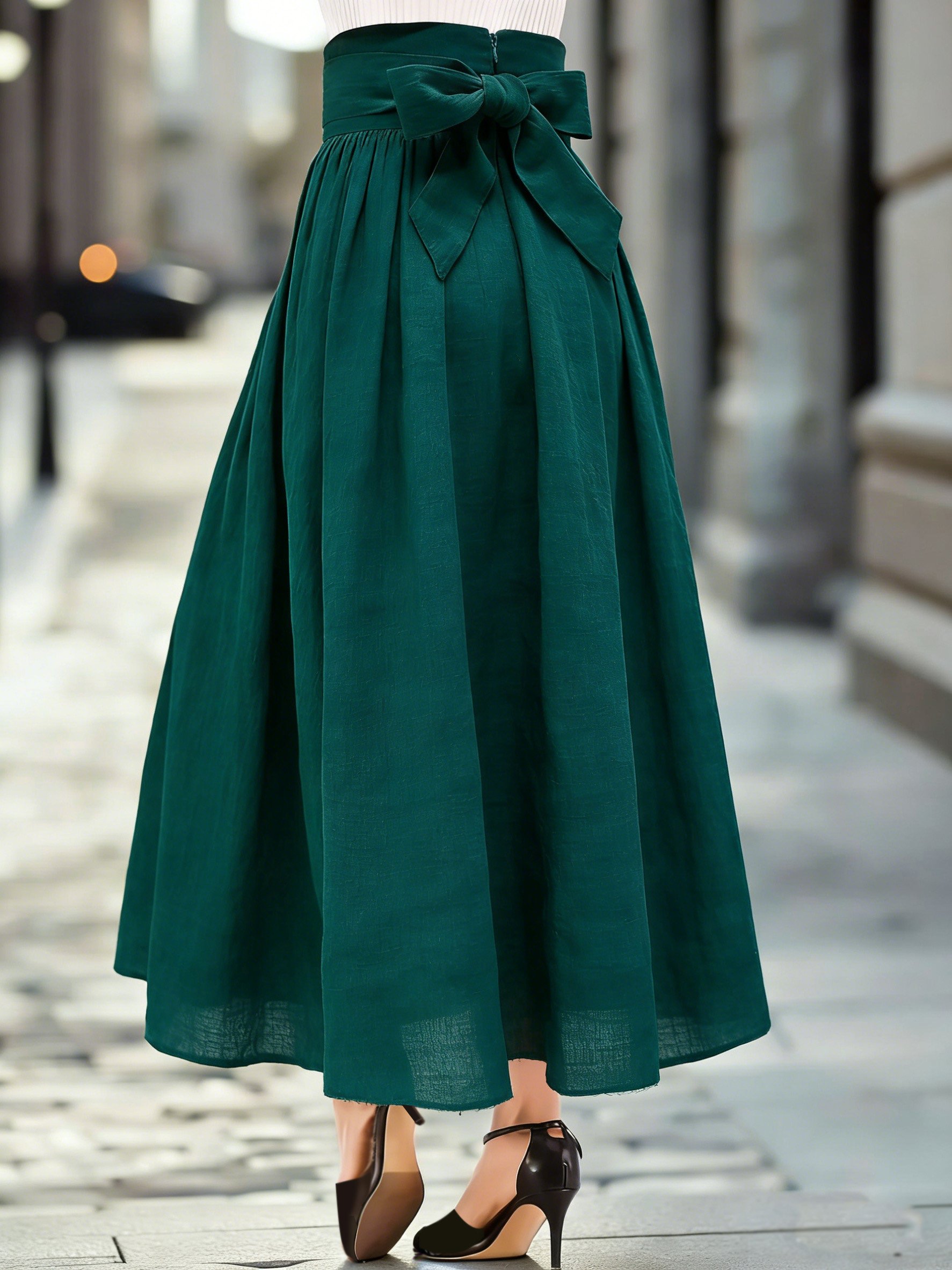 Maxi Linen Skirt, Plain, Bow, Vintage, Cyan