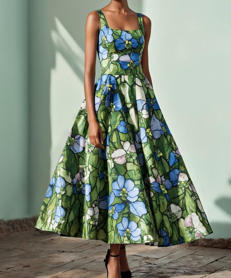 Maxi Linen Dress , Sleeveless, Square Neck, Floral, Church Glass, Vacation, Vintage, Green