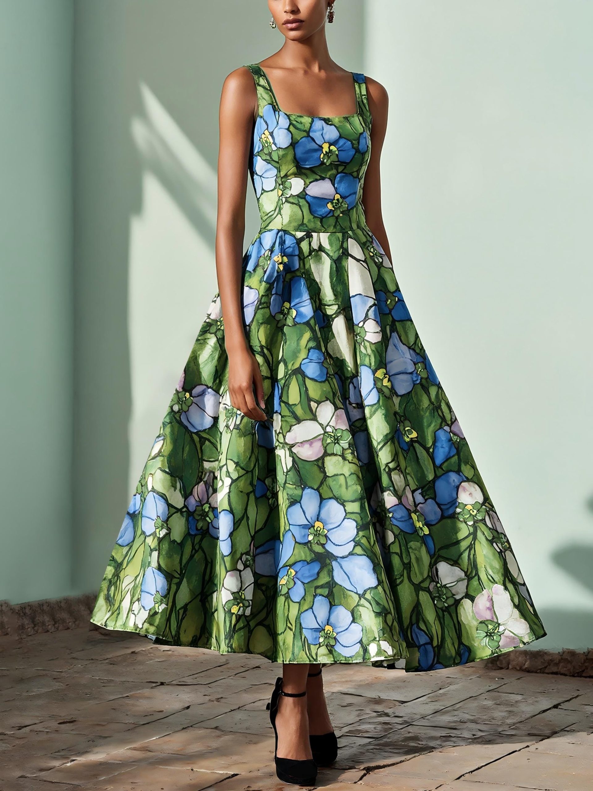 Maxi Linen Dress , Sleeveless, Square Neck, Floral, Church Glass, Vacation, Vintage, Green