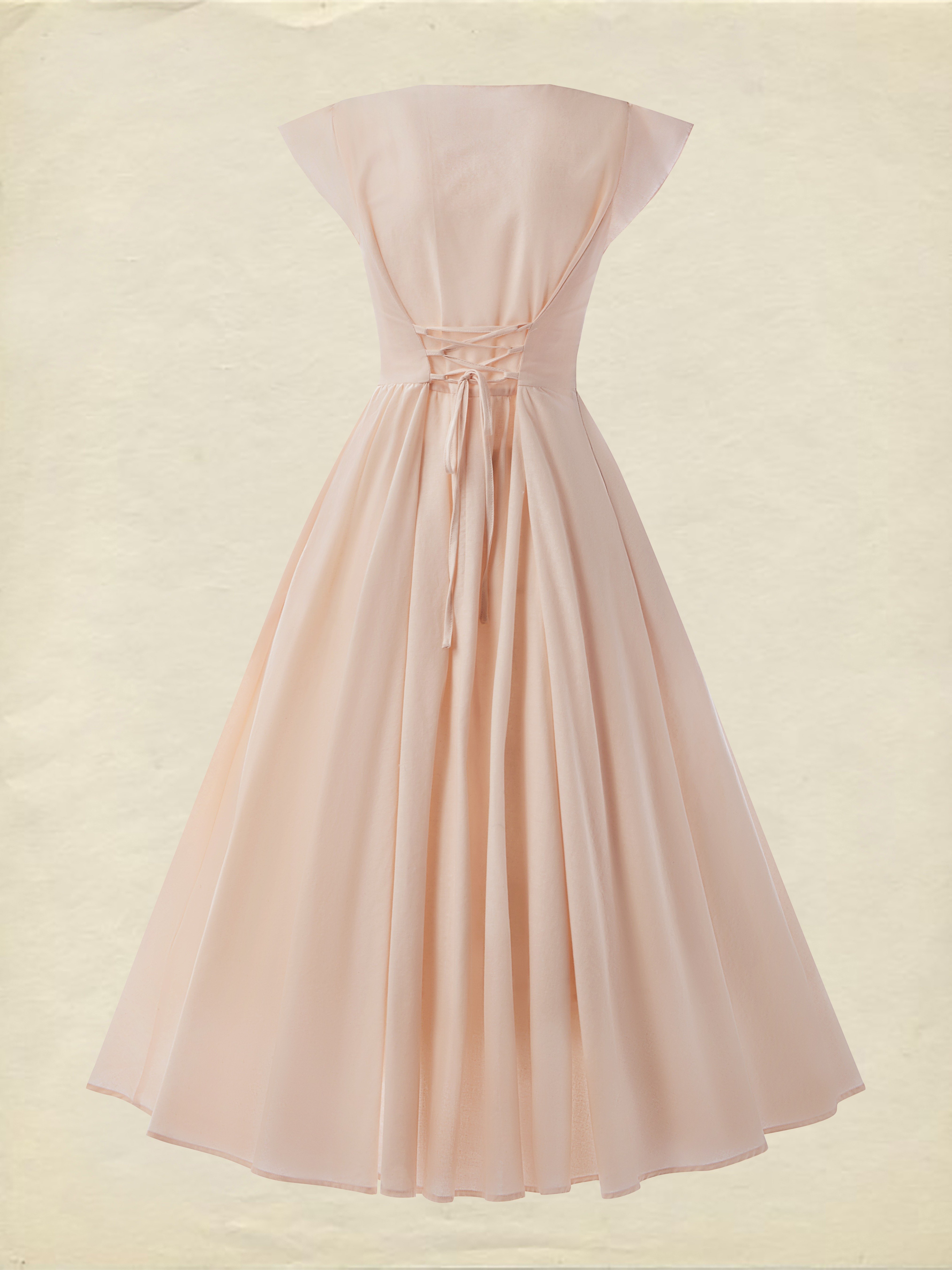 Linen Midi Dress, Short Sleeve, Lace Collar, Plain, Vintage, Light Pink - Image 3