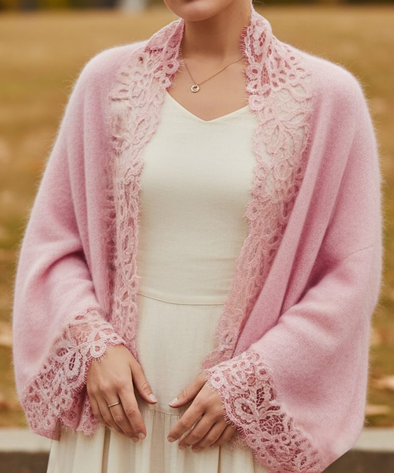 Cardigan (10% Cashmere & 90% Wool), Long Sleeves, V Neck, Plain, Lace, Vintage, Light Pink
