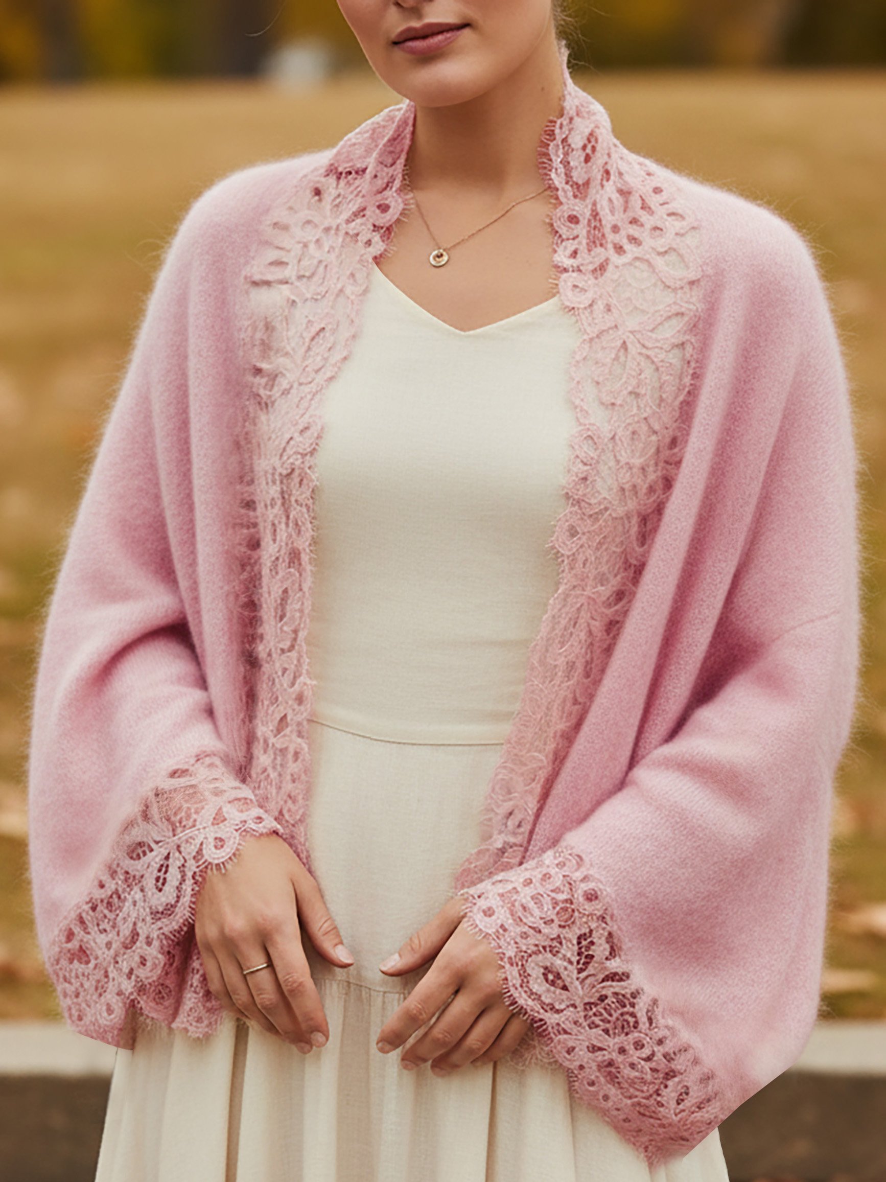 Cardigan (10% Cashmere & 90% Wool), Long Sleeves, V Neck, Plain, Lace, Vintage, Light Pink