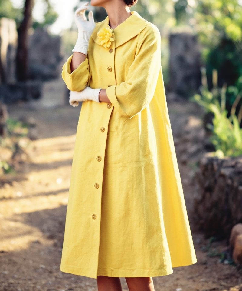Cotton Trench Coat, Long Sleeves, Shawl Collar, Plain, Button Design, Vintage, Yellow