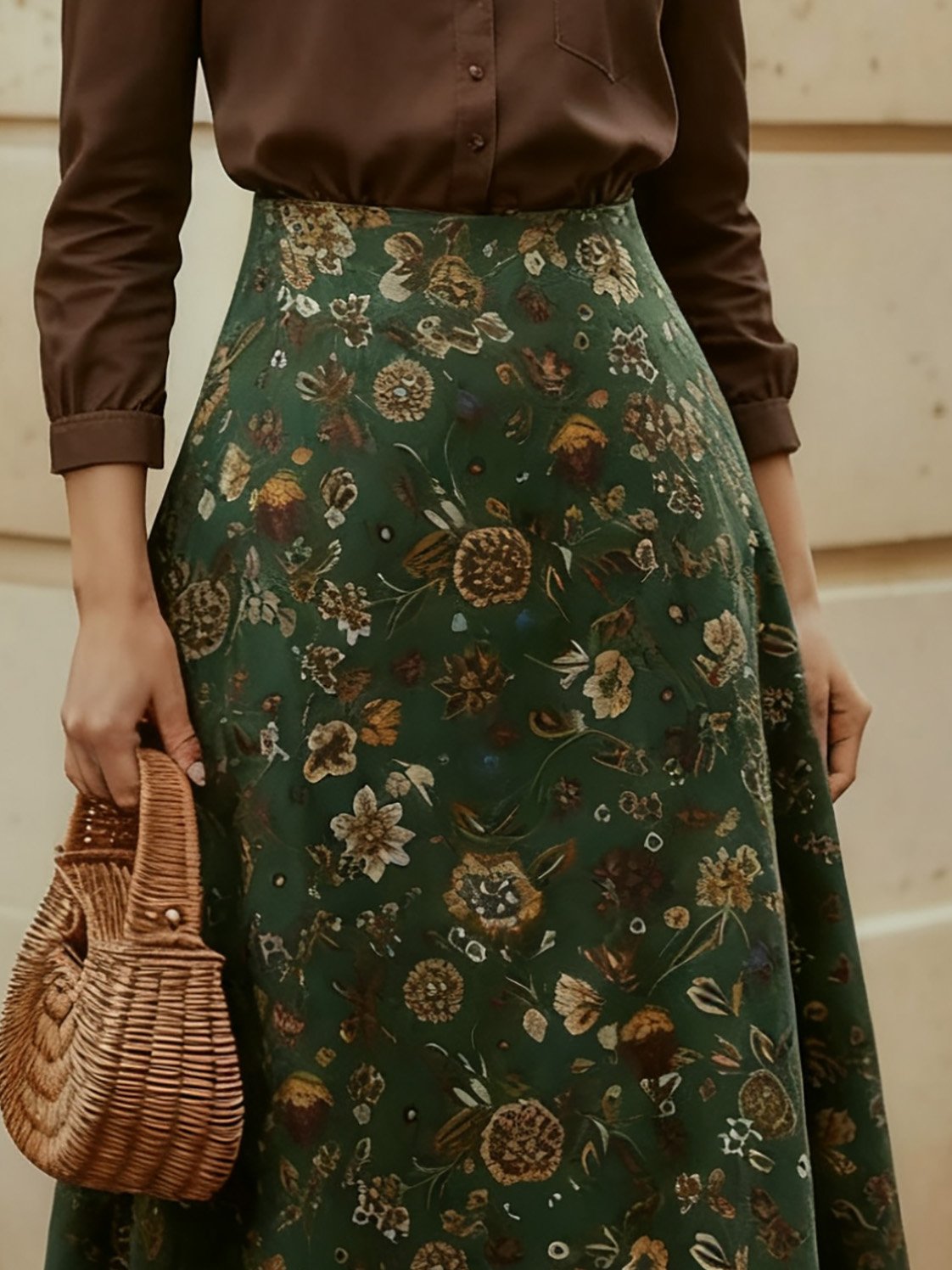 Midi Linen Skirt, loral, Pocket Design, Vintage, Green - Image 2