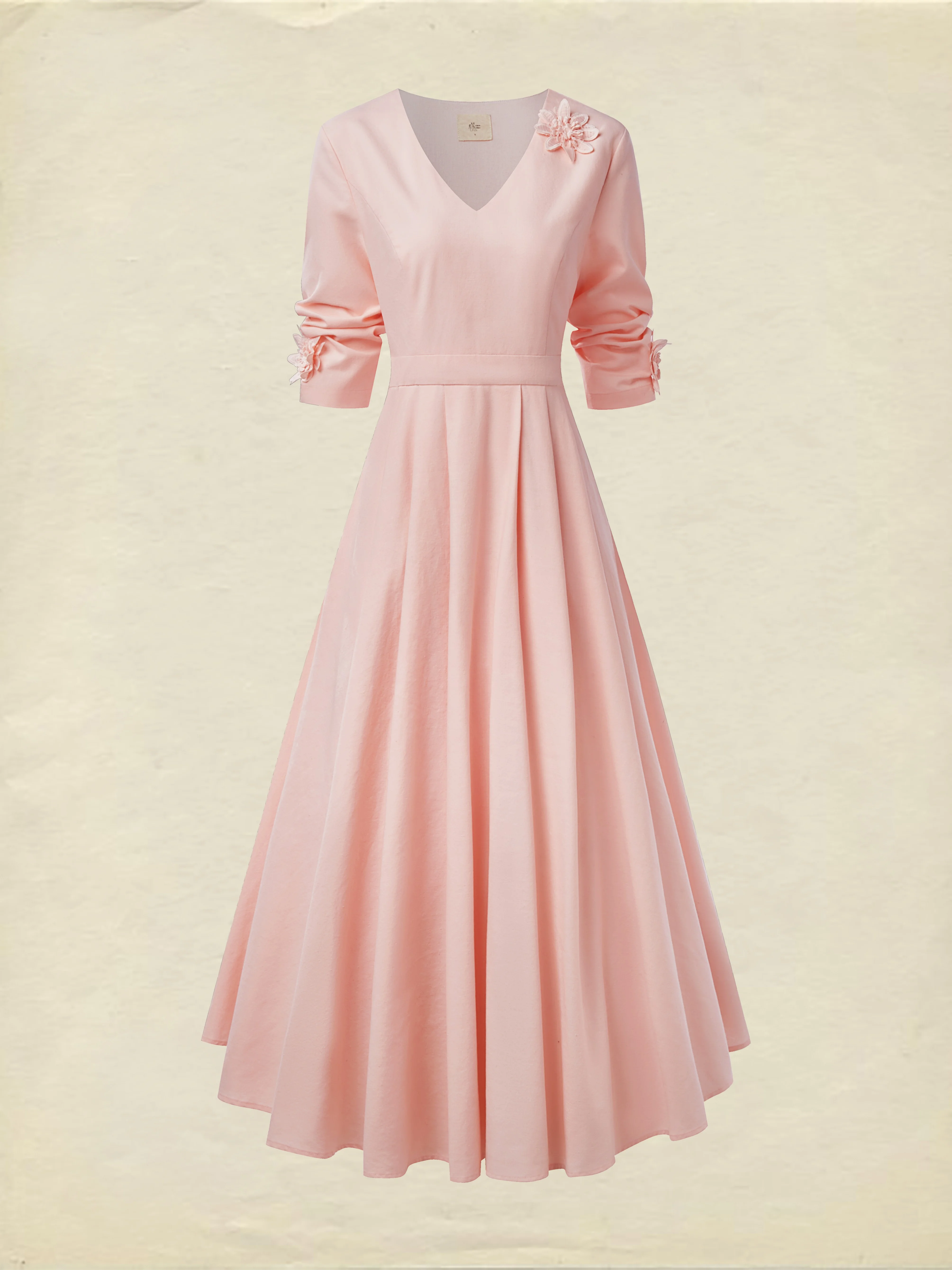 Linen Midi Dress, Three Quarter Sleeve, V neck, Plain, Vintage, Pink - Image 2