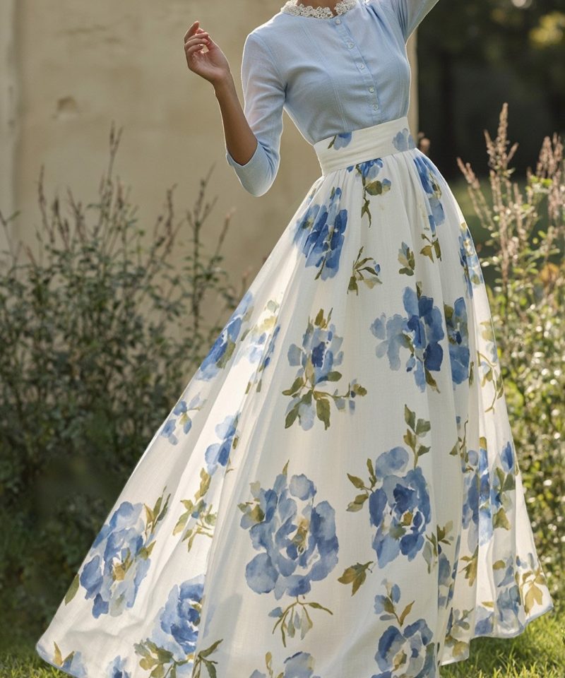 Maxi Linen Skirt, Floral, Vacation, Vintage, White