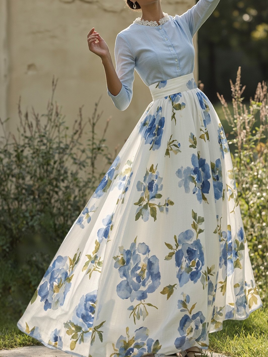 Maxi Linen Skirt, Floral, Vacation, Vintage, White