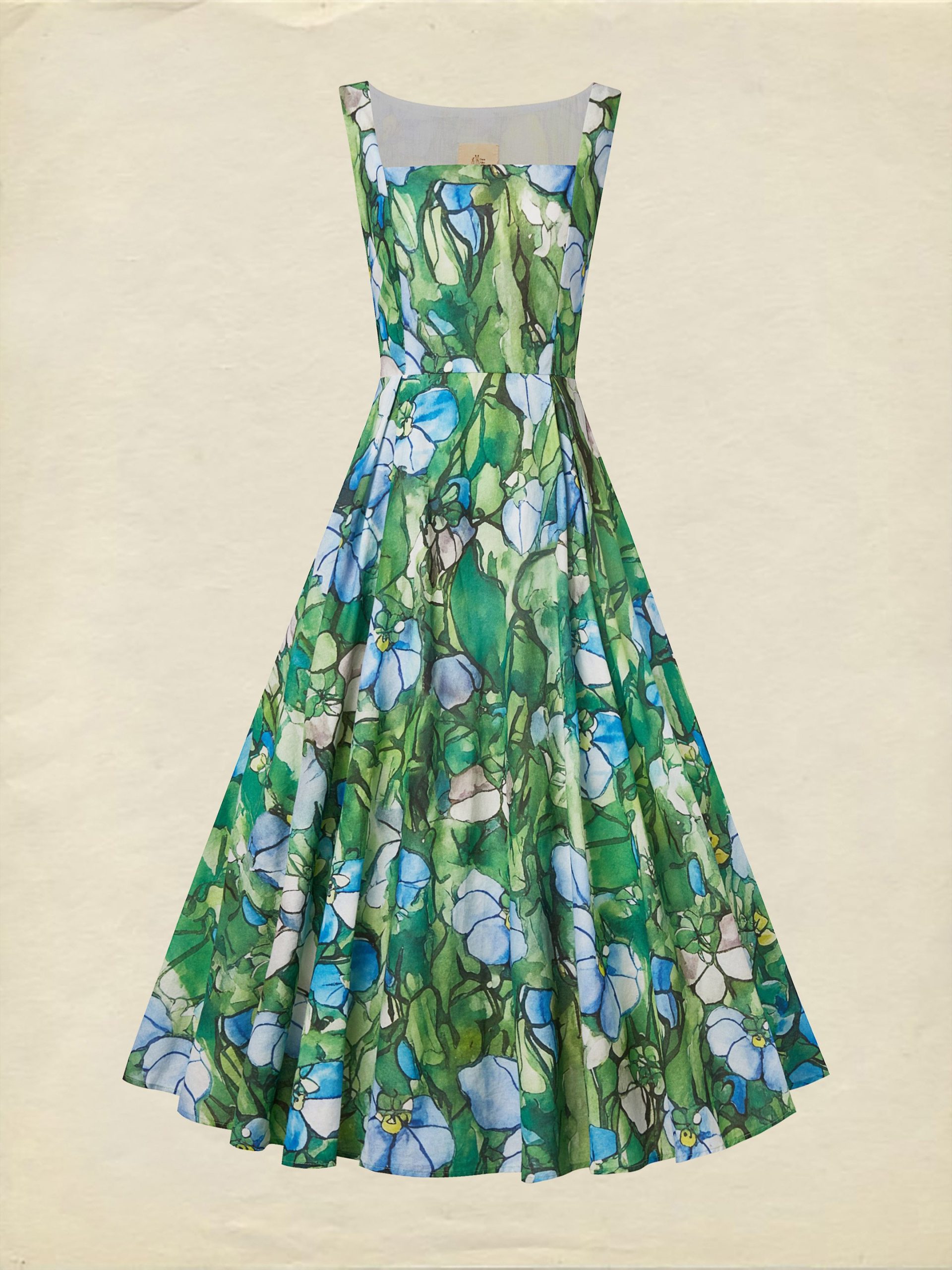 Maxi Linen Dress , Sleeveless, Square Neck, Floral, Church Glass, Vacation, Vintage, Green - Image 2