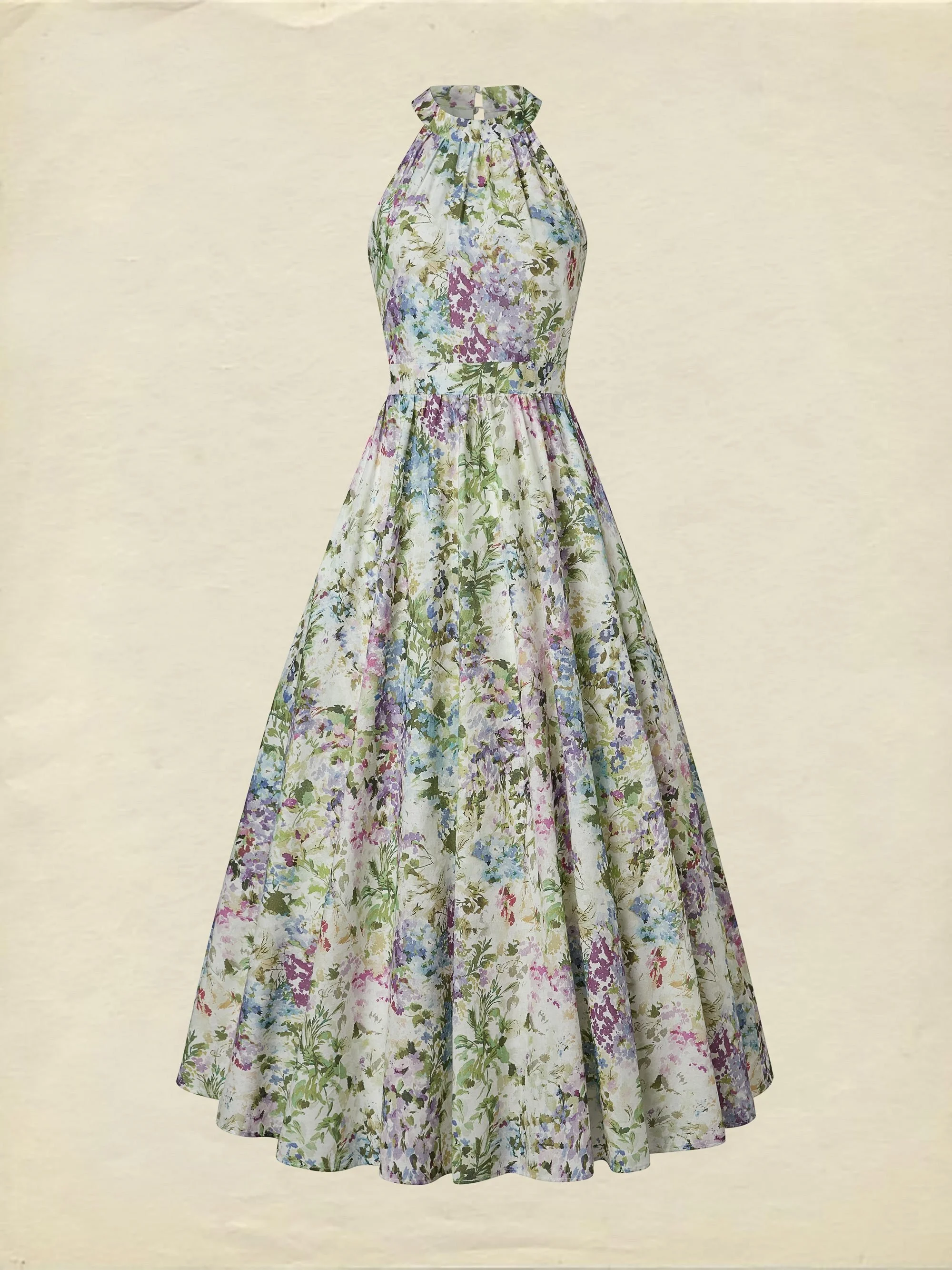 Maxi Cotton Dress, Sleeveless, Halter, Floral, Vacation, Vintage, White - Image 2