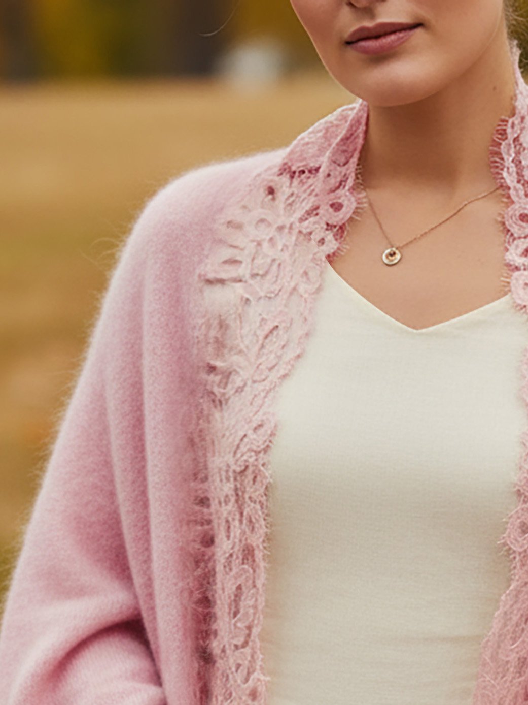 Cardigan (10% Cashmere & 90% Wool), Long Sleeves, V Neck, Plain, Lace, Vintage, Light Pink - Image 2