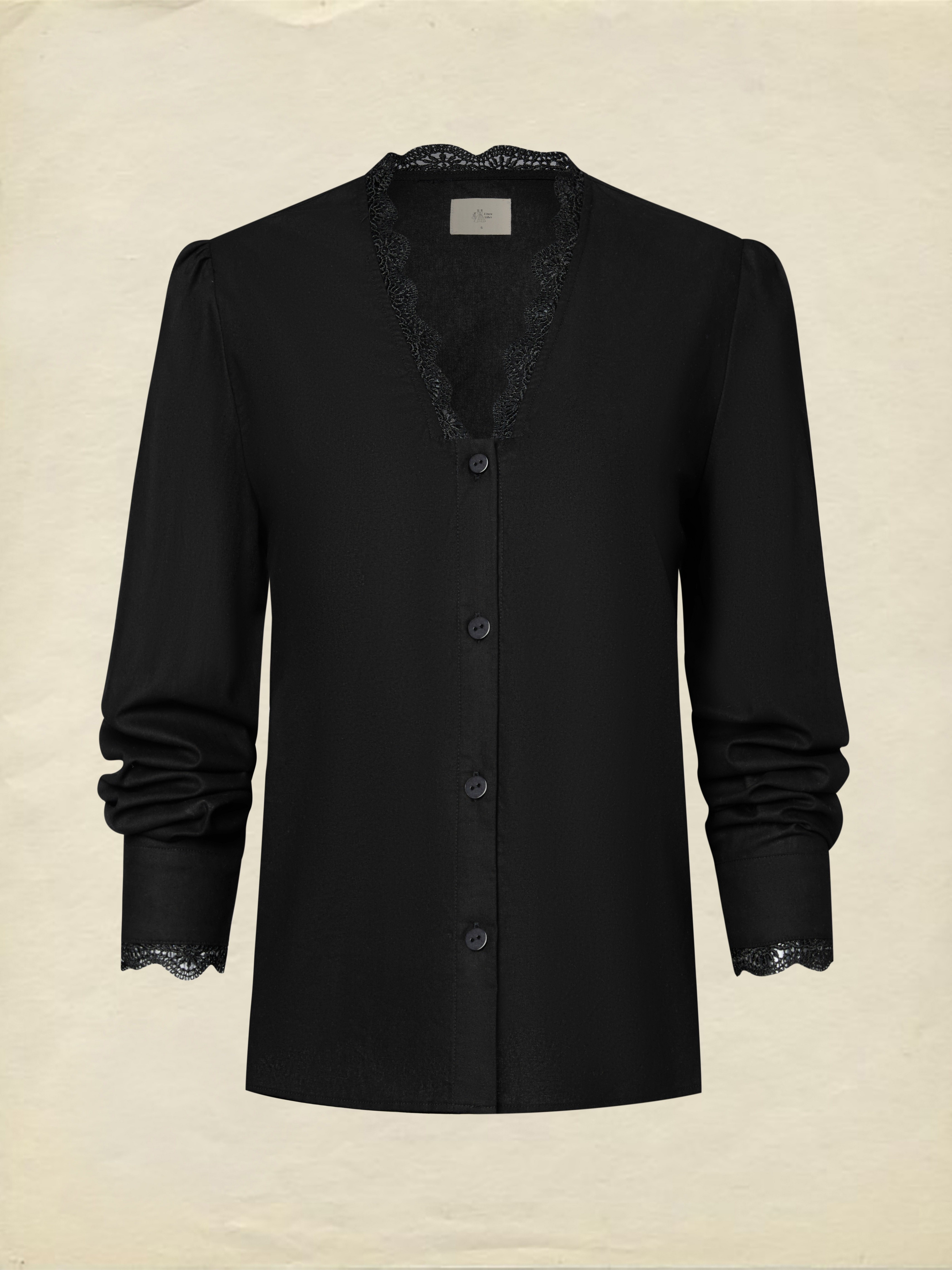 Linen Shirt, Half Sleeve, V Neck, Plain, Lace, French Vintage, Black - Image 2