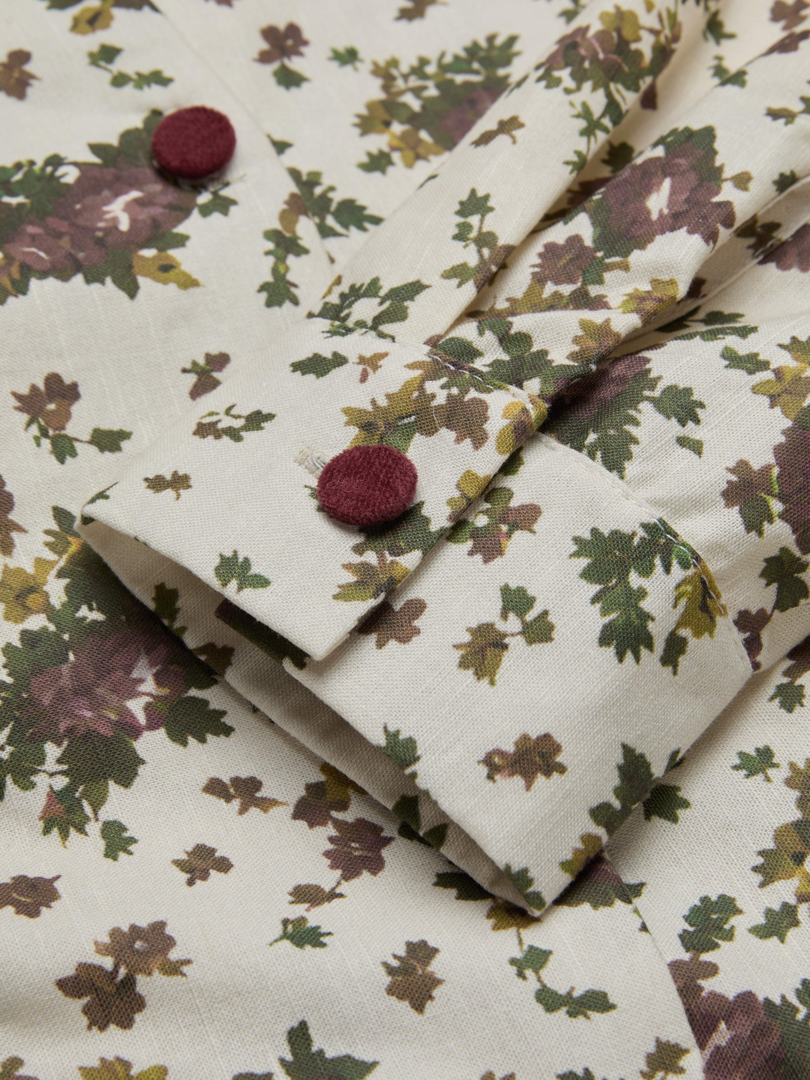 Midi Linen Dress, Long Sleeves, Shawl Collar, Floral, Belt Design, Vintage, Apricot - Image 7