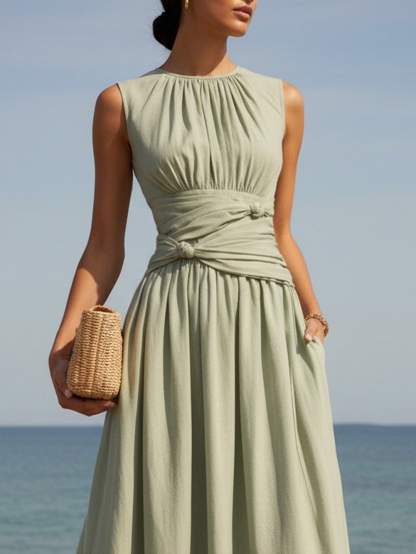 Maxi Linen Dress, Sleeveless, Round Neck, Plain, French Vintage, Green - Image 2