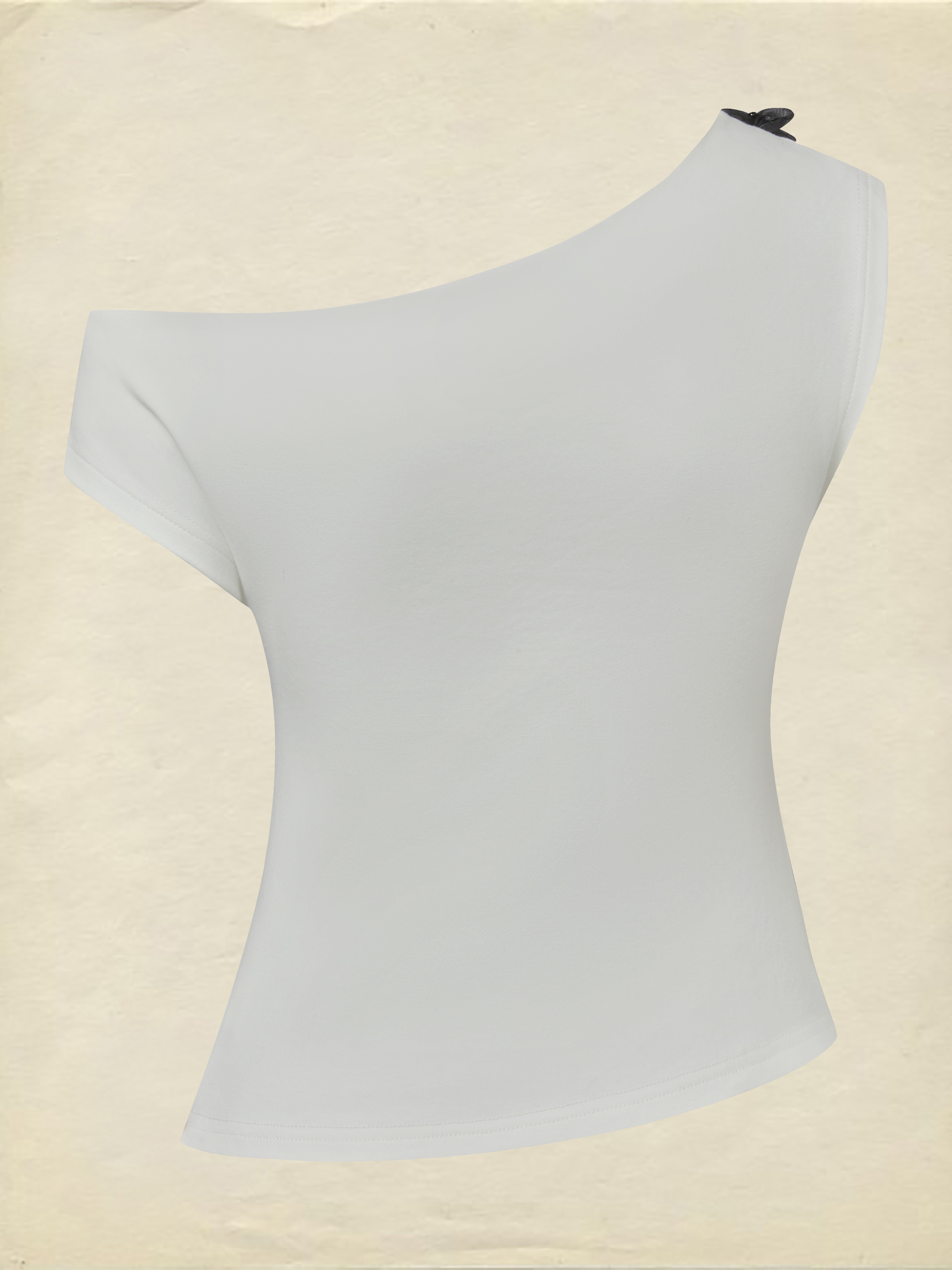 Cotton Knit Tee, Short Sleeves, Plain, 3D Floral, French Vintage, Ivory - Image 3