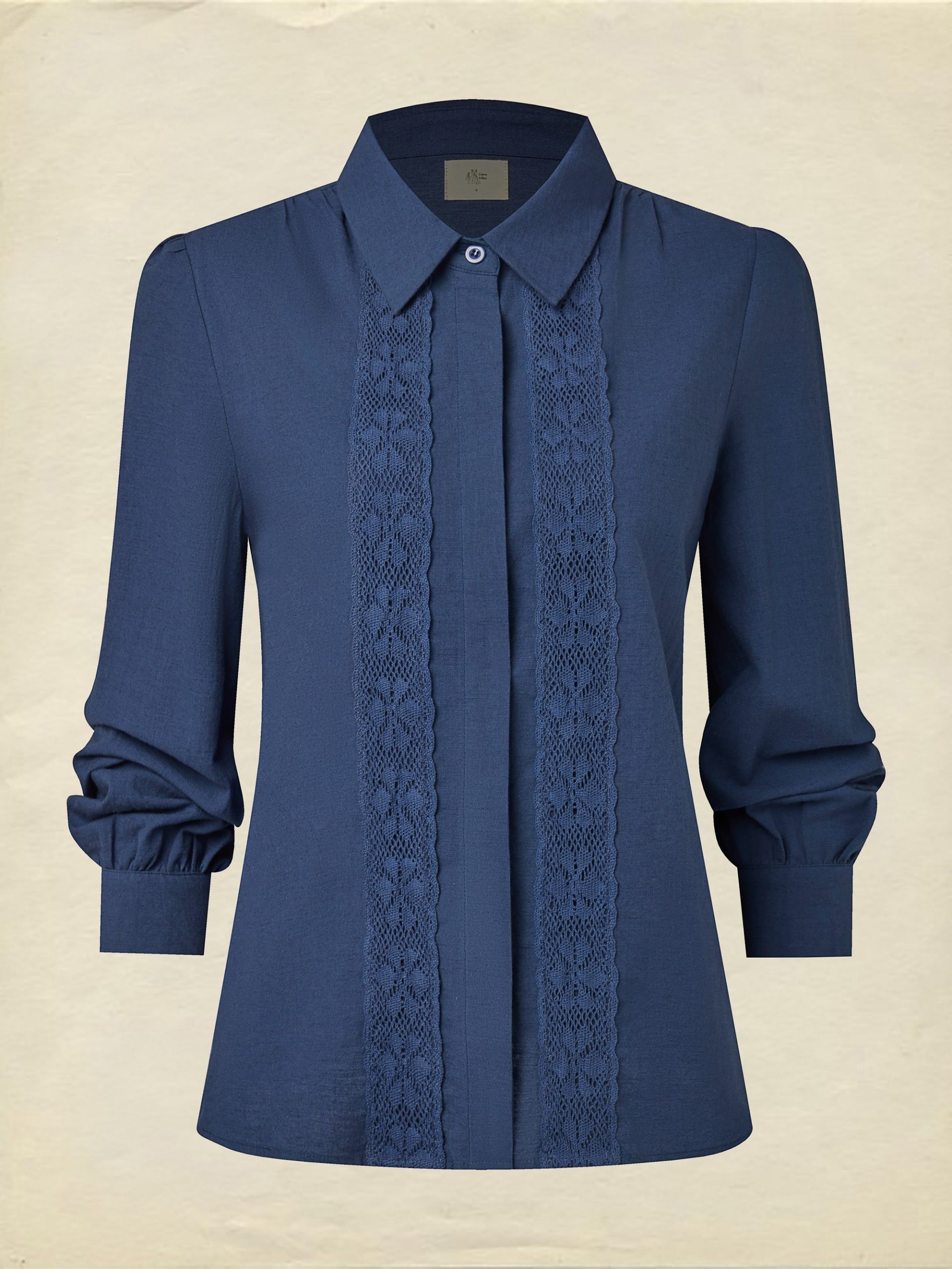 Linen Shirt, Long Sleeves, Shawl Collar, Plain, Lace, Vintage, Blue - Image 2