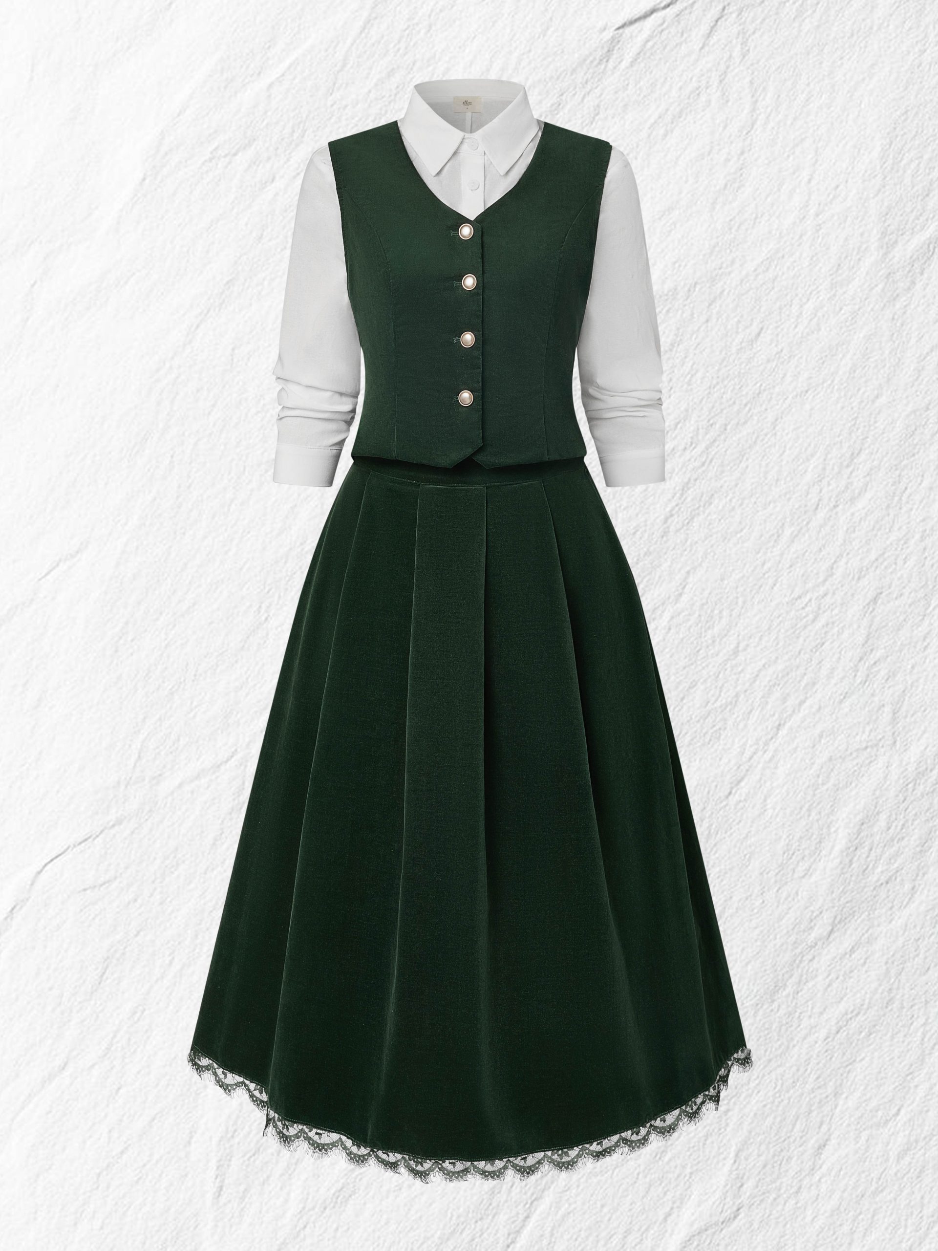 Cotton Vest (Shirt and Skirt Not Included), Sleeveless, V Neck, Plain, Button Design, Vintage, Green - Image 5