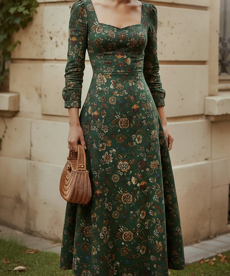 Midi Linen Dress, Long Sleeves, Square Neck, Paisley, Vintage, Green