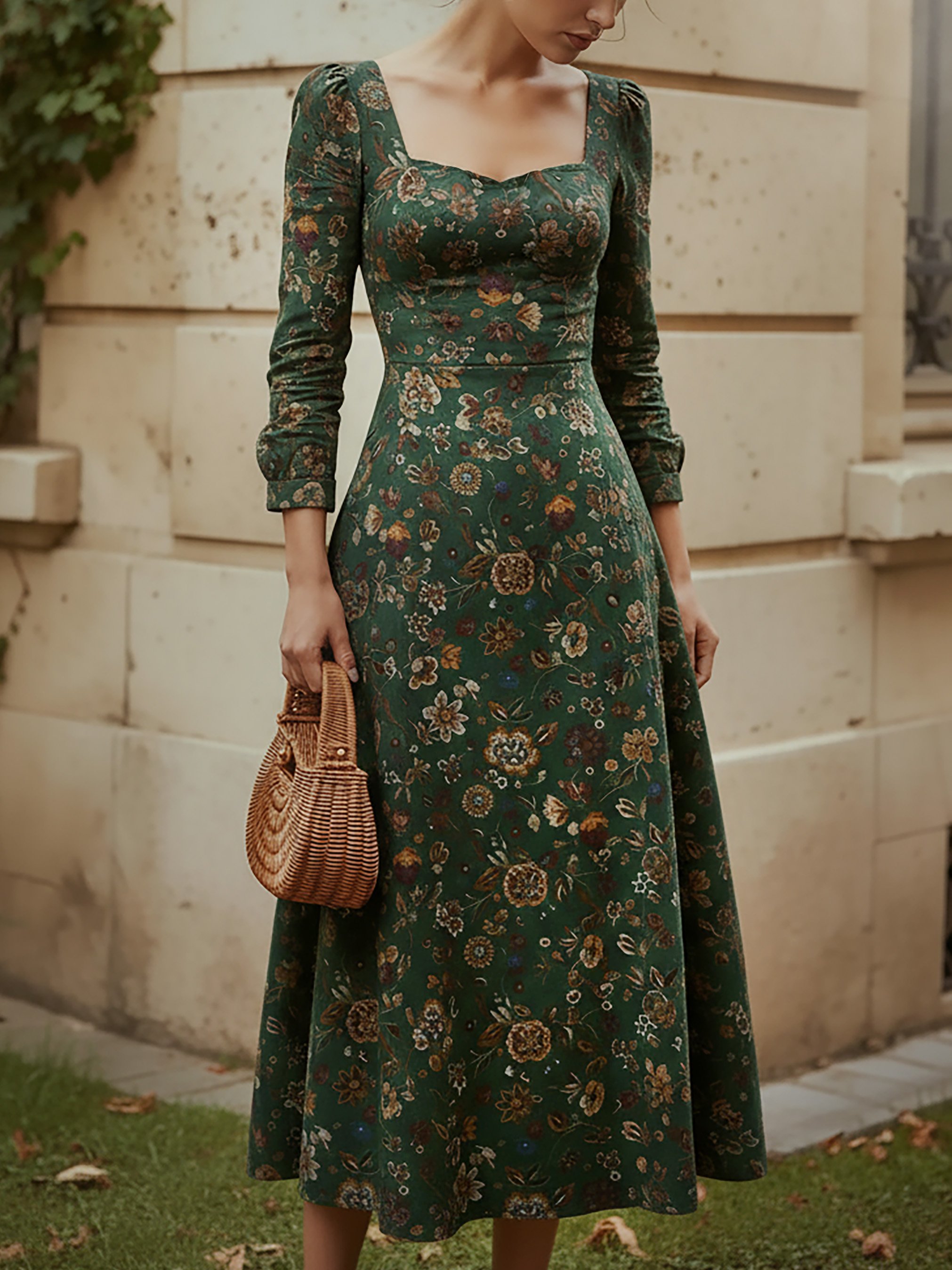 Midi Linen Dress, Long Sleeves, Square Neck, Paisley, Vintage, Green