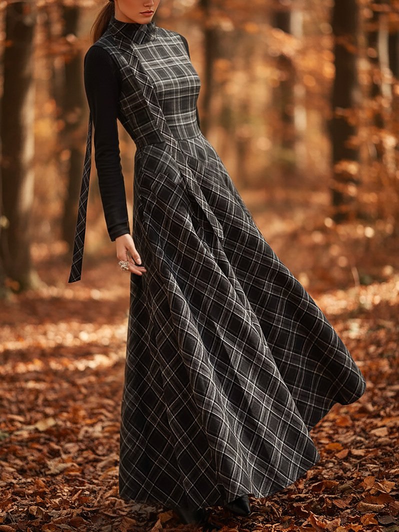 Maxi Linen Dress, Sleeveless, Stand Collar, Plaid, Vintage, Black - Image 2