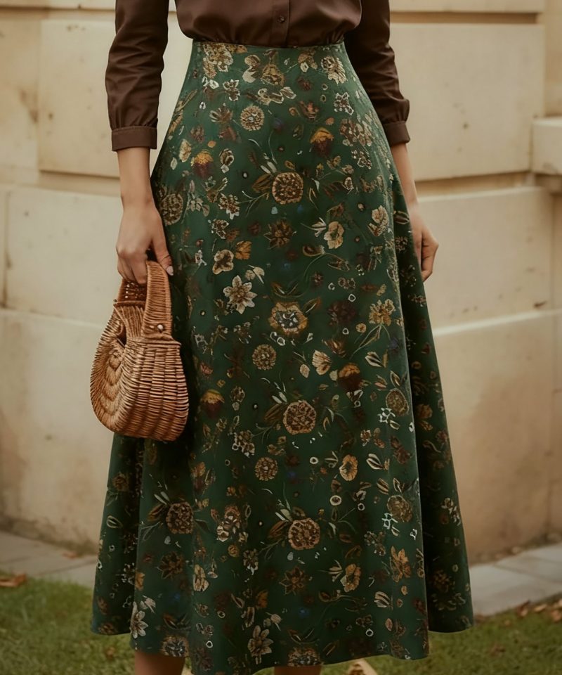 Midi Linen Skirt, loral, Pocket Design, Vintage, Green