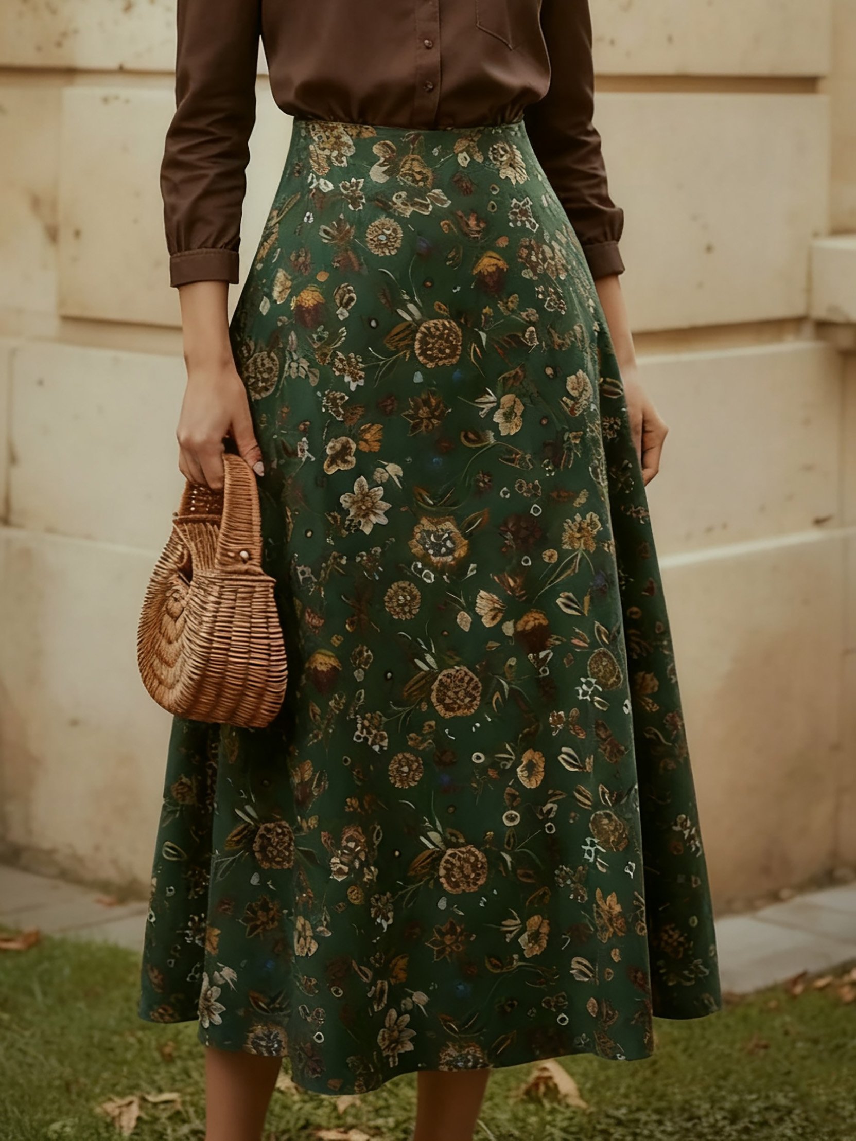 Midi Linen Skirt, loral, Pocket Design, Vintage, Green