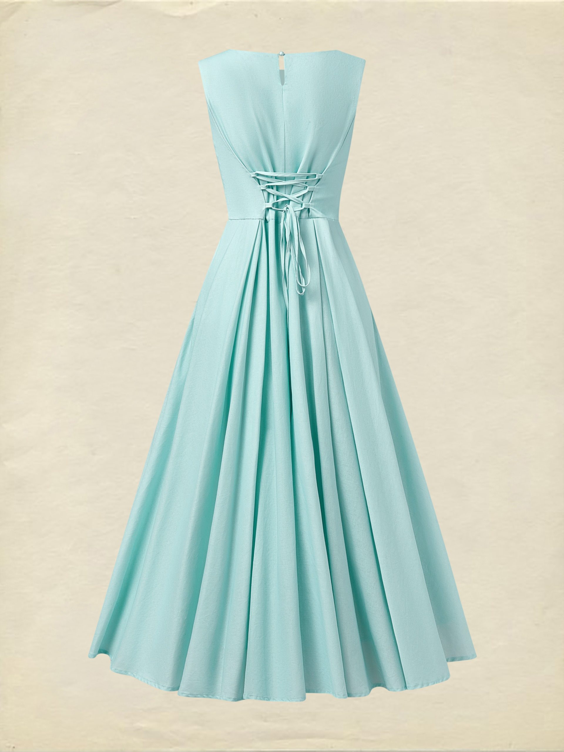 Maxi Linen Dress , Sleeveless, Round Neck, Feather Pattern, Pocket Design, Vintage, Sky Blue - Image 3