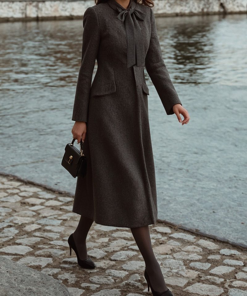 Wool Trench Coat, Long Sleeves, Plain, Pocket Design, Vintage, Deep Gray