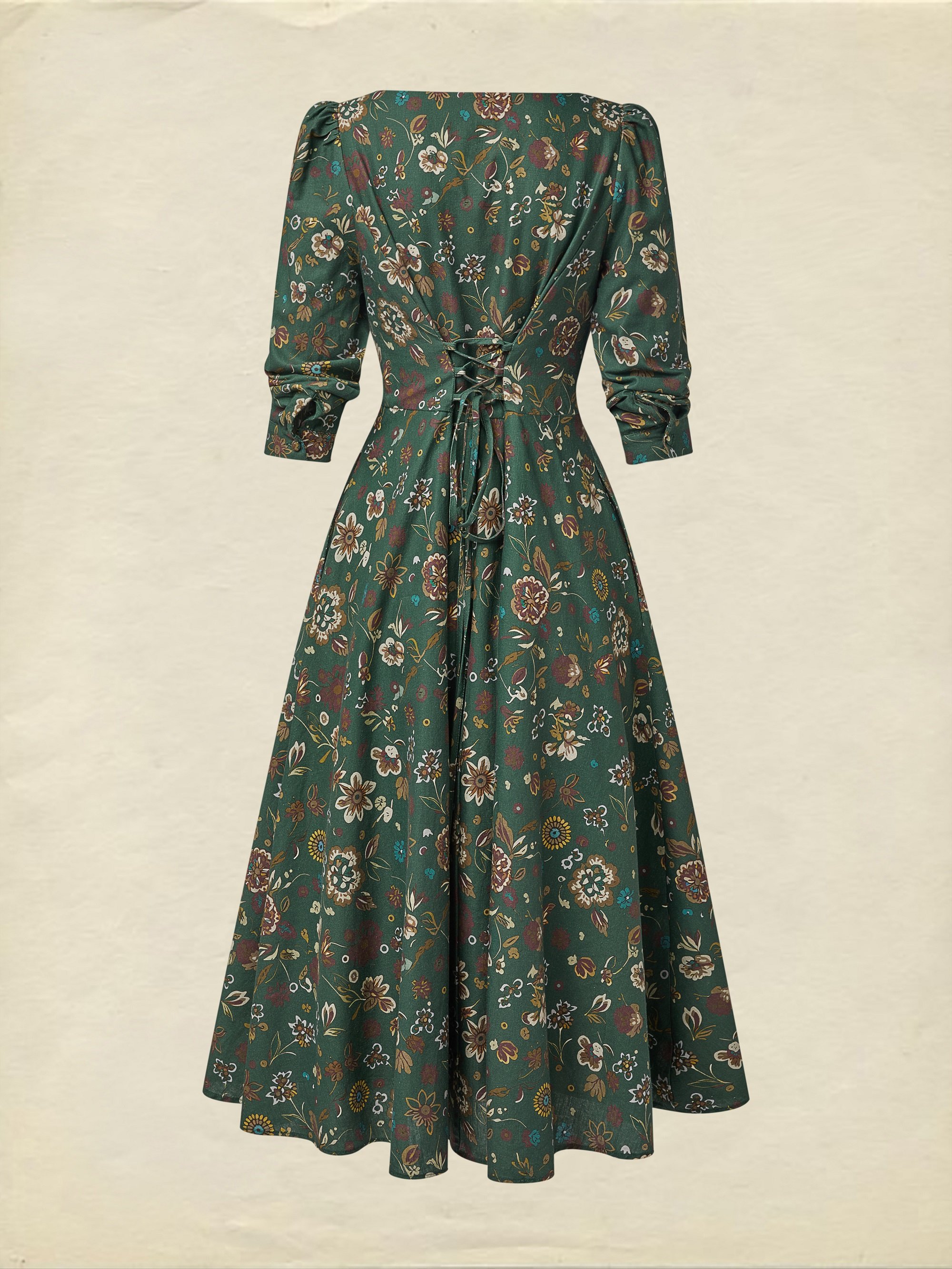 Midi Linen Dress, Long Sleeves, Square Neck, Paisley, Vintage, Green - Image 4