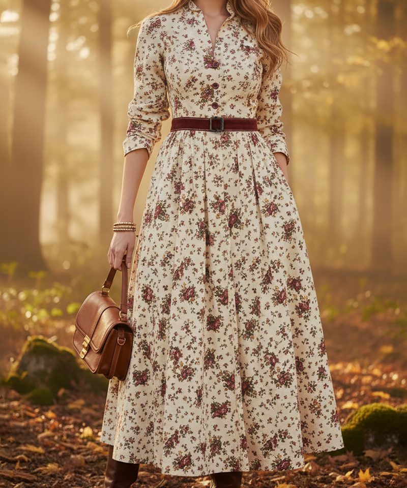 Midi Linen Dress, Long Sleeves, Shawl Collar, Floral, Belt Design, Vintage, Apricot