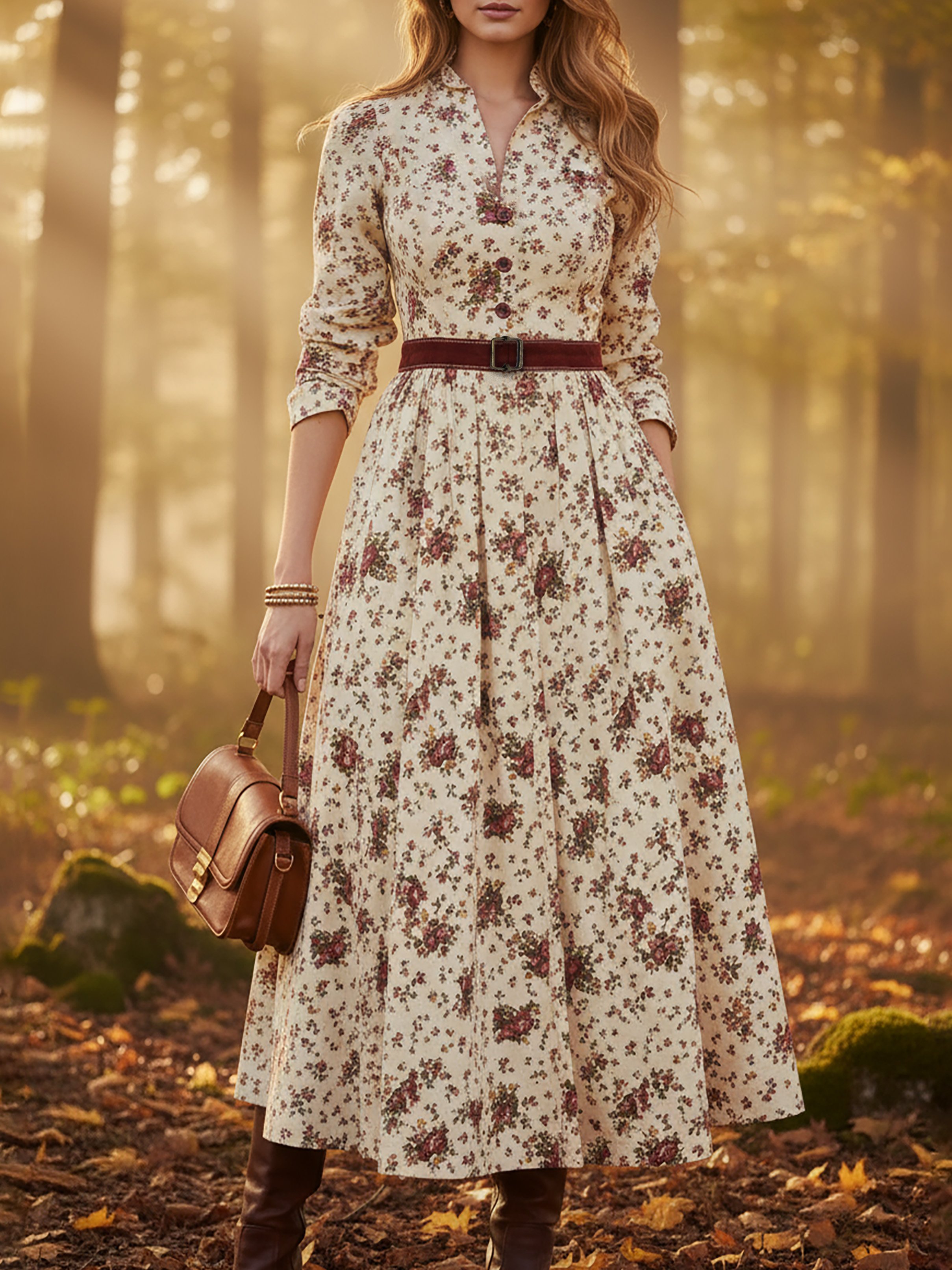 Midi Linen Dress, Long Sleeves, Shawl Collar, Floral, Belt Design, Vintage, Apricot