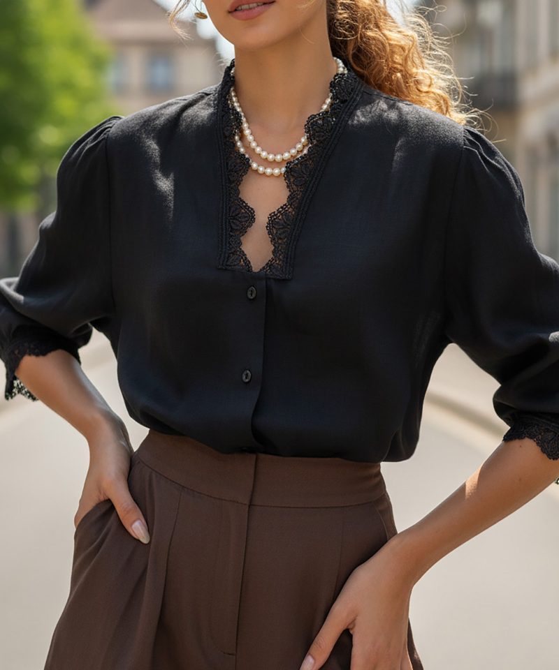 Linen Shirt, Half Sleeve, V Neck, Plain, Lace, French Vintage, Black