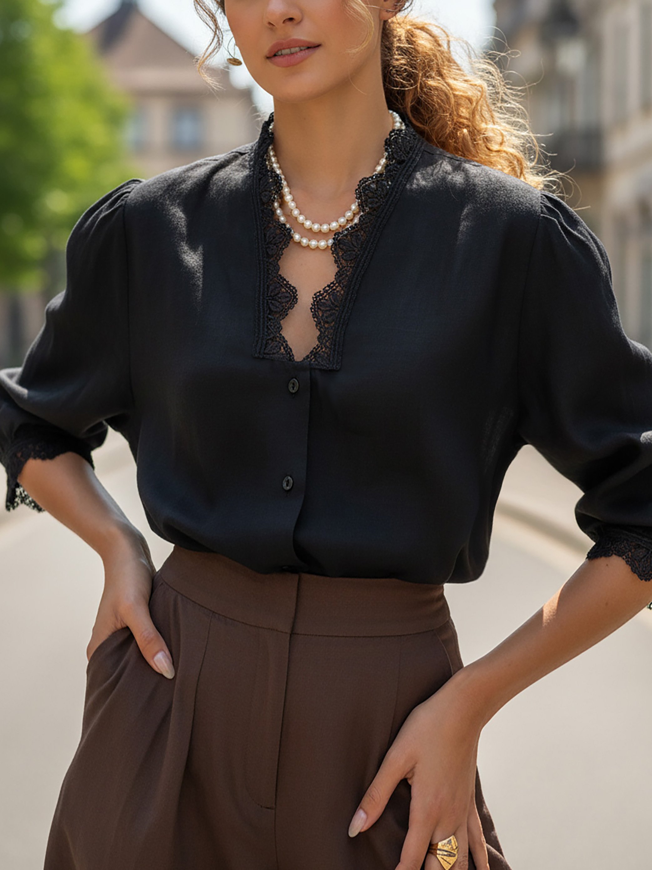 Linen Shirt, Half Sleeve, V Neck, Plain, Lace, French Vintage, Black